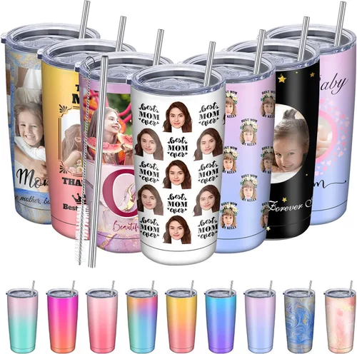 Vista 12 de Regalos para el Día de la Madre, vaso personalizado con foto de mamá, vasos delgados con tapa de nombre y pajita, 20 onzas, taza de café de viaje