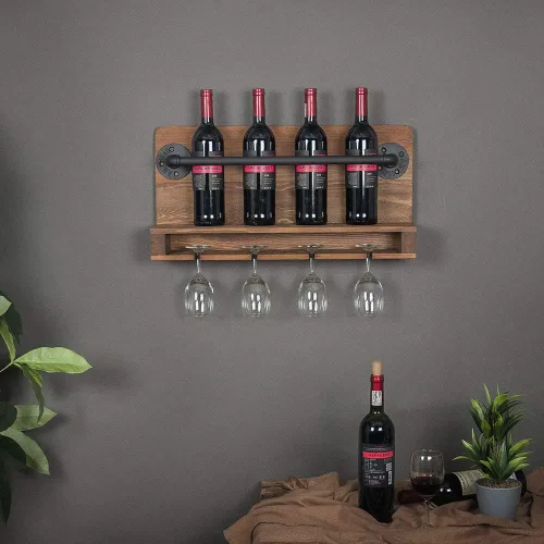 Vista 4 de Estantes de vino industriales montados en la pared con soporte de vidrio de vástago, accesorios de vino colgantes de metal para vino