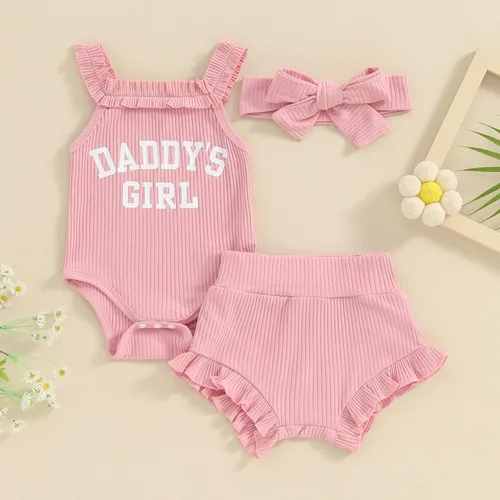 Vista 2 de Ropa para bebé niña Daddys Girls Ruffle Romper Top Manga Corta Body Floral Tutu Shorts Conjunto Recién Nacido Verano Traje