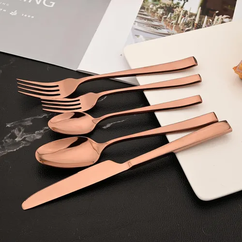Vista 4 de Juego de cubiertos de oro rosa de 20 piezas, cubiertos de acero inoxidable 18/10, juego de vajilla resistente, incluye cuchillo, tenedor/cuchara