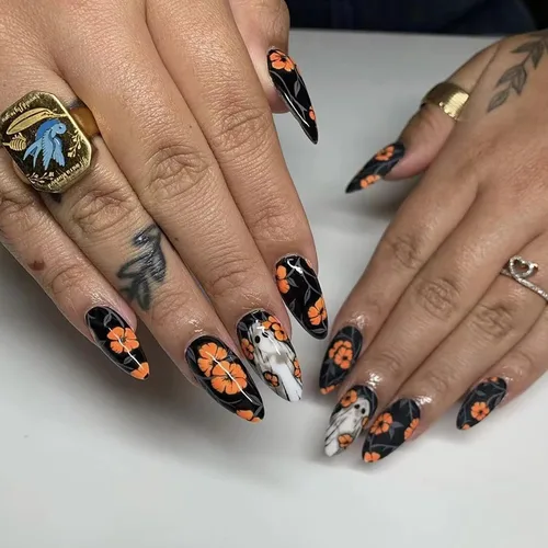Vista 19 de RIICFDD - Uñas largas a presión con forma de almendra, punta de uñas con lazo grande, color rosa nude, con dijes de lazo negro, uñas postizas