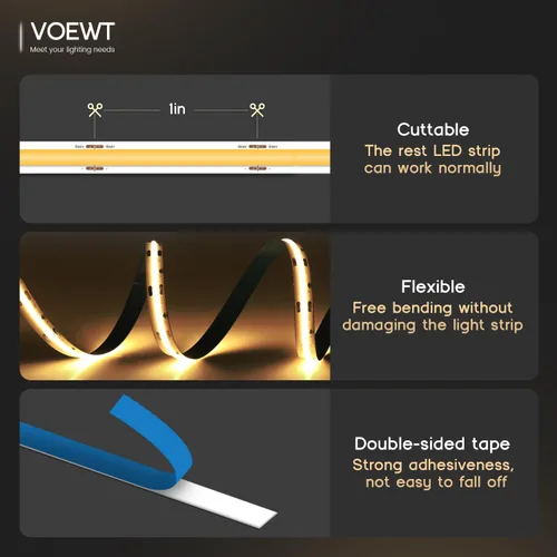 Vista 5 de COB - Tira de luces LED de color blanco cálido, 3000 K, 16.4 pies, 12 V, alto CRI 95Ra+, súper brillante, cinta de luces flexibles para dormitorio