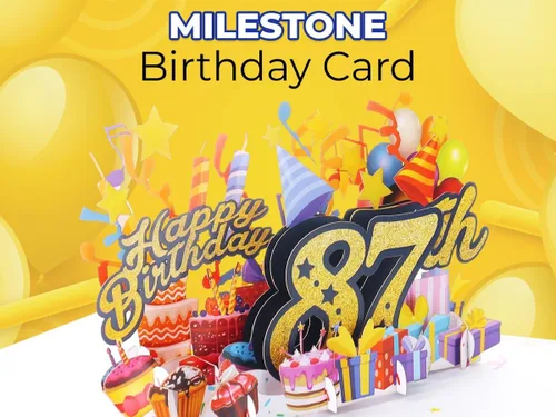 Vista 8 de iGifts And Cards Tarjeta desplegable 3D de feliz cumpleaños 87 – Diseño azul con números de purpurina, globos, pasteles y regalos – Tarjeta