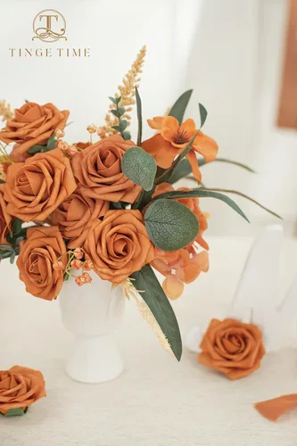 Vista 9 de TINGE TIME Flores de color naranja quemado, 25 flores artificiales para decoraciones, rosas de espuma falsas a granel con arreglos florales, ramos