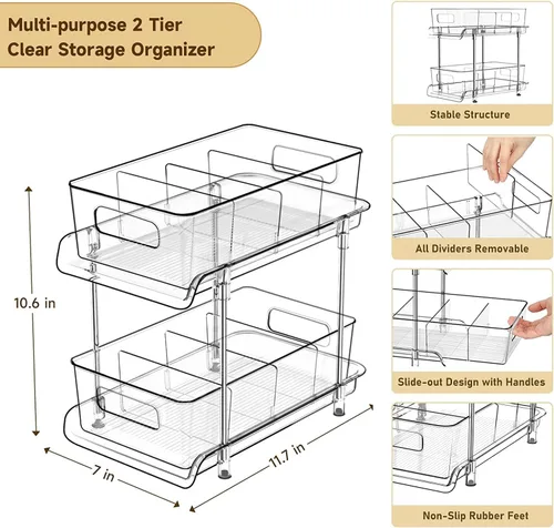 Vista 3 de HIHEGD Organizador de Almacenamiento de Baño de 2 Niveles con Separadores, Transparente, Extraíble Debajo del Fregadero para Cocina, Despensa