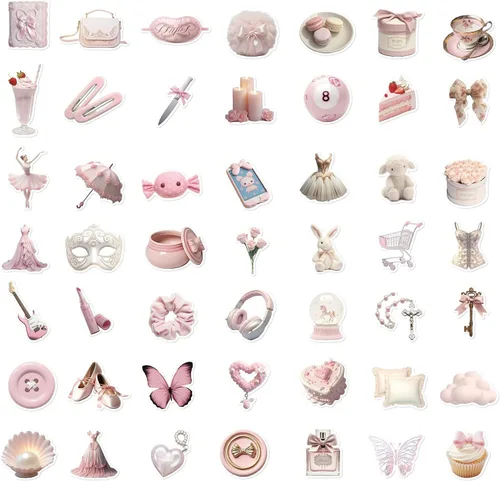 Vista 2 de Paquete de 50 calcomanías femeninas rosas estéticas Kawaii para botella de agua, laptop, patineta, guitarra, álbum de recortes, diario, calcomanías