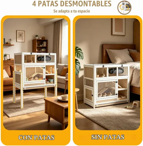 Vista 7 de Jaula grande de madera para conejillos de indias de 3 niveles con soporte Para 2-4 conejillos de indias, rampa antimasticación, bandeja extraíble