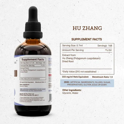 Vista 4 de Secrets of the Tribe Hu Zhang Tintura Extracto Sin Alcohol, Hu Zhang (Polygonum cuspidatum) Raíz Seca 4 oz