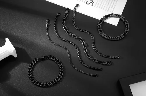 Vista 3 de XIANNVXI Juego de 6 pulseras de acero inoxidable para hombre y mujer, color plateado/dorado/negro, pulseras de eslabones cubanos, estilo soga
