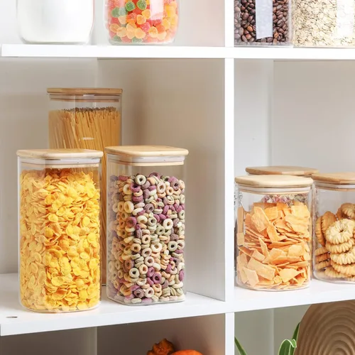 Vista 7 de Recipientes de Cristal de Almacenamiento con Tapa de Bambú Hermética Recipientes de Cristal Cuadrados para Almacenamiento de Cocina Ideal
