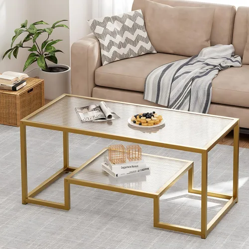 Vista 6 de Mesa de café Wolawu Mesa de café dorada de vidrio para sala de estar, mesa de centro rectangular de 2 niveles con tapa de vidrio acanalada y marco
