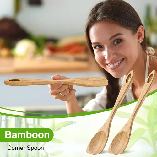 Vista 4 de 2 cucharas de madera para cocinar, cuchara de esquina de madera de 12 pulgadas, espátula de bambú, utensilios de cocina de madera, raspador
