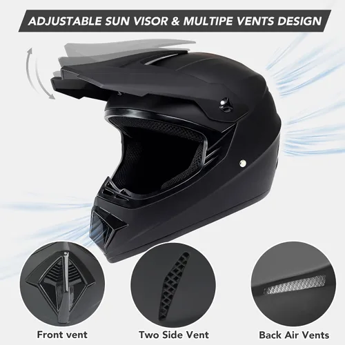 Vista 4 de Casco de motocross para niños jóvenes, casco de motocicleta todoterreno con (gafas, guantes, máscara), juego de 4 piezas, casco de cara completa