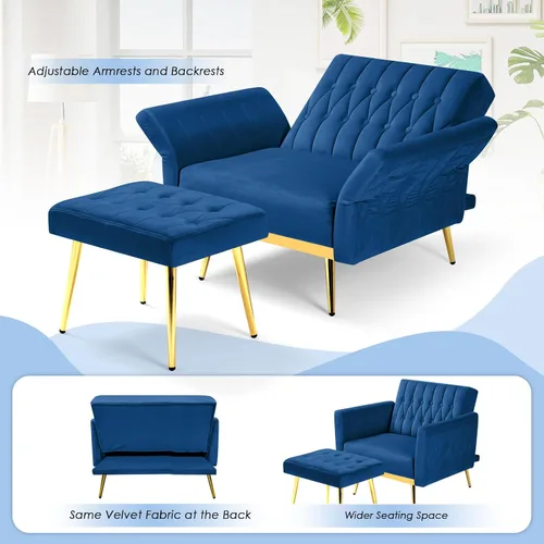Vista 5 de Silla decorativa de terciopelo con respaldo y reposabrazos ajustables, azul