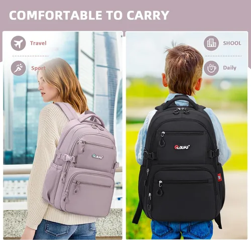 Vista 8 de ASKSKY Mochila para la escuela, mochila ligera para niños y niñas, mochila escolar para adolescentes, para hombres y mujeres, Púrpura, gris