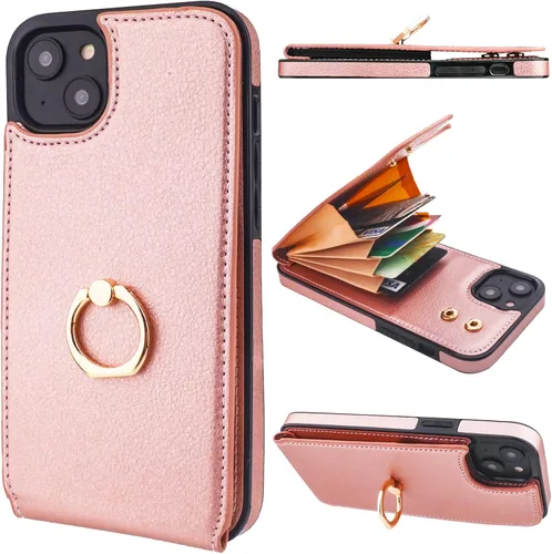 Vista 9 de Folosu Funda tipo billetera compatible con iPhone 14 con soporte para tarjetas, soporte de anillo para dedo con rotación de 360° y función atril