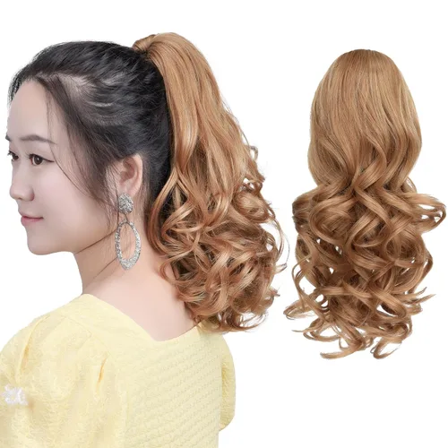 Vista 27 de Cola de caballo con clip, color castaño rojizo, ondulado de 10 pulgadas, extensión de cola de caballo de 3.3 onzas, extensiones de cabello sintético