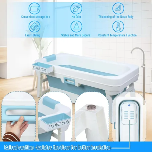 Vista 2 de 51 Inch Foldable Bathtub, Portable Adult Soaking Tub, Large Collapsible Freestanding Bath with Ergonomic Headrest, Space-Saving Design, Ice Bath &