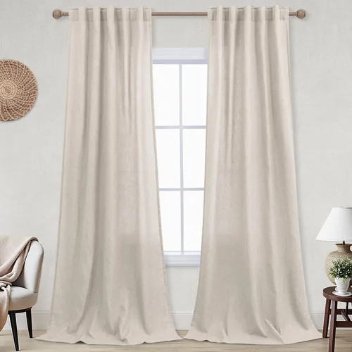 Vista 116 de Cortinas rústicas color beige tostado de 42 x 84 pulgadas de largo para sala de estar, juego de 2 paneles transparentes de lino natural, imitación