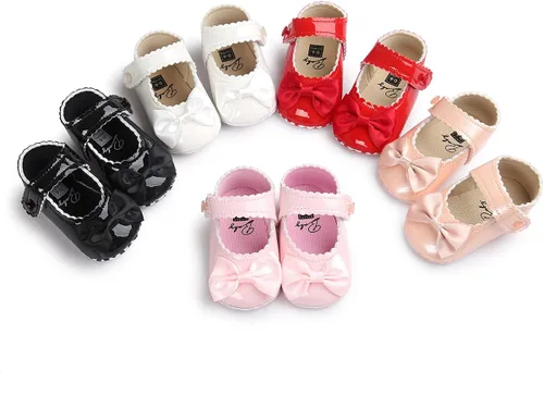 Vista 2 de Meckior - Zapatos bajos y livianos para bebés estilo Mary Jane con suela suave y lazo decorativo para vestidos de princesa o bodas para niñas que