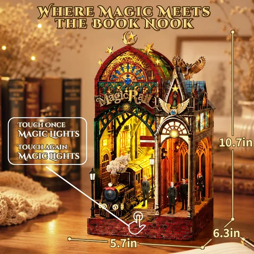 Vista 7 de Rompecabezas de madera 3D, kit de rincón de libro, estación de tren mágico with LED Lights & Music, Miniature Wood Puzzle Kits Bookshelf Decor