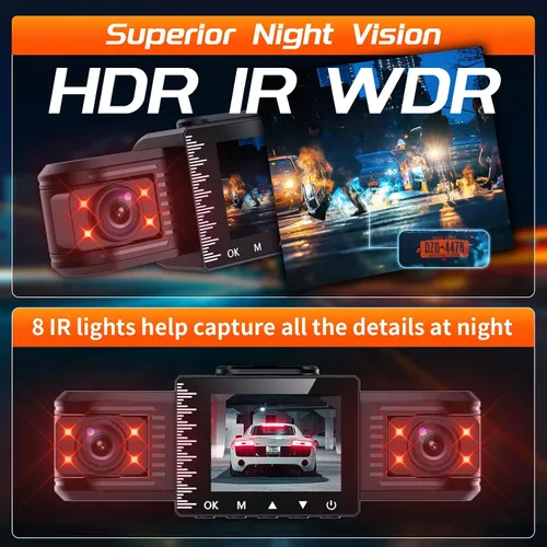 Vista 4 de iiwey T1-pro - Cámara de salpicadero frontal y trasera interior de 3 canales 1080P, cámara de salpicadero ajustable para automóviles con 8 lámparas
