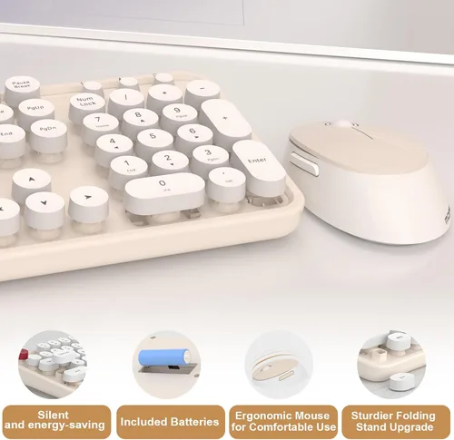 Vista 6 de MOFII - Combo de teclado y mouse inalámbricos, 104 teclas redondas retro de tamaño completo, teclados ergonómicos y mouse inalámbricos para Windows