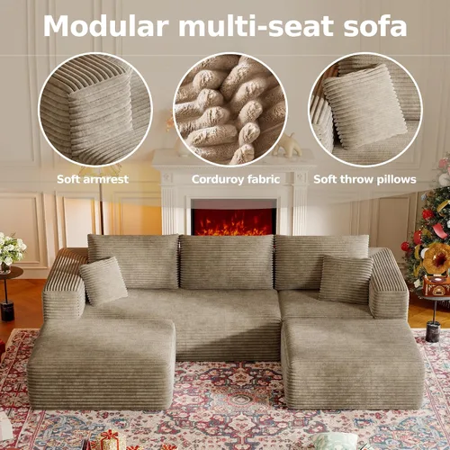Vista 4 de Sofá modular en forma de nube de 107 pulgadas para sala de estar, sofá modular de pana sin hueso, sofá en forma de U con diván y almohadas, sofá