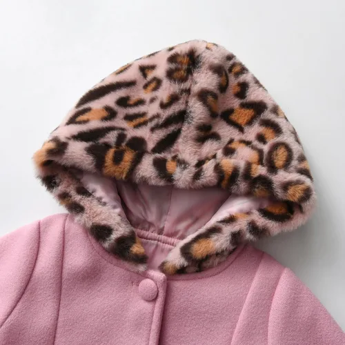 Vista 6 de Eghunooy Chaqueta de forro polar para bebé niña, manga larga, con botones, leopardo, con capucha, mezcla de lana, ropa de abrigo