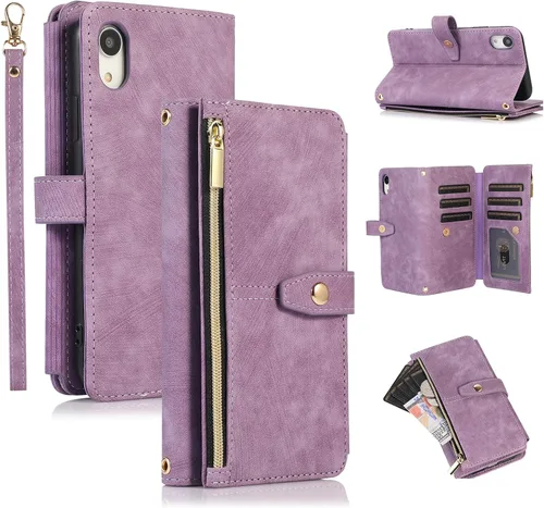 Vista 10 de UEEBAI Funda para iPhone XR, 9 ranuras para tarjetas, cartera de cuero retro, a prueba de golpes, con correa de mano, ranuras para tarjetas Negro