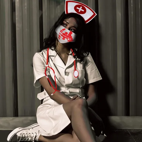 Vista 6 de Seiddons 6 piezas de accesorios de enfermera de Halloween, diadema de enfermera, sombrero de enfermera, conjunto de cosplay con estetoscopio