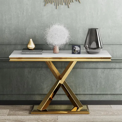 Vista 11 de Juego de 2 mesas auxiliares doradas, mesa auxiliar cuadrada blanca moderna con base en X de metal pulido dorado, elegante mesa decorativa