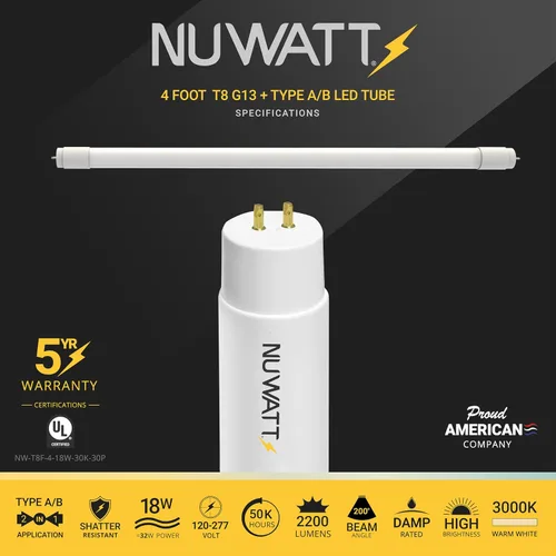 Vista 2 de NUWATT Paquete de 30 tubos de luz LED T8 de 4 pies, T10 T12 híbrido tipo A+B, 3000 K blanco cálido, 18 W, alto brillo 2,200 lúmenes, reemplazo