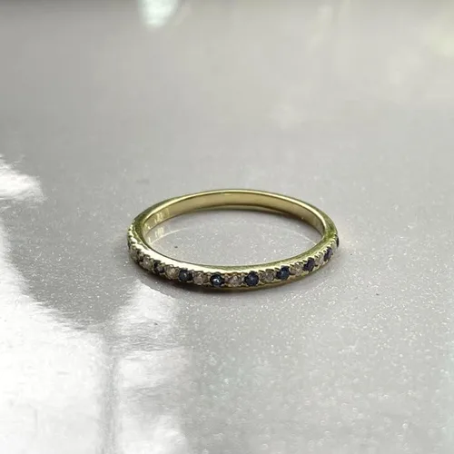 Vista 4 de Blue Sapphire & White Diamond Half Eternity Wedding Band For Women, 14k Gold Finish Sapphire Wedding Band, Ladies Alternate Diamond Ring