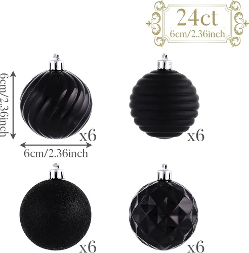 Vista 3 de Valery Madelyn Juego de adornos de Navidad para árbol de Navidad, 24 unidades, adornos de bolas negras inastillables, adorno colgante de 2.36