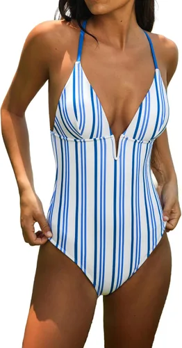 Vista 29 de CUPSHE Traje de baño de una pieza para mujer, cuello en V profundo, espalda entrecruzada con tirantes delgados ajustables Beige/Negro Wave