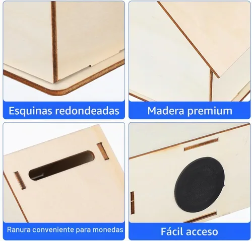 Vista 9 de NUOBESTY Decoración de madera, 5 unidades, hucha de madera, hucha de madera, cabina, monedero, caja de ahorros sin terminar, manualidades