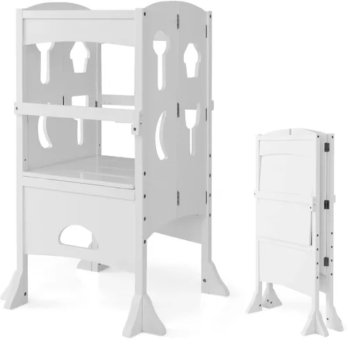 Vista 11 de HONEY JOY Taburete de cocina para niños pequeños, torre de pie de madera con barandilla de seguridad, taburete de aprendizaje plegable Montessori