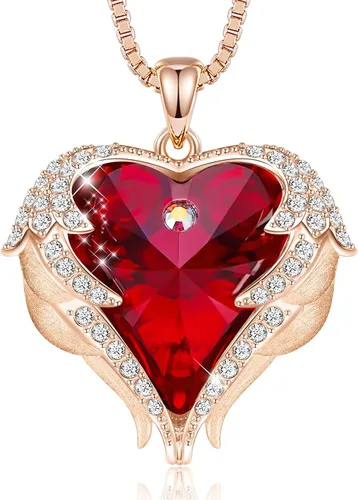 Vista 24 de CDE Angel Wings Heart Birthstone Pendant Necklace Gift for Women Negro-01&07-Piedra natal roja rubí