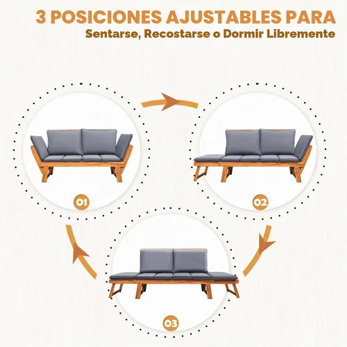 Vista 8 de Greesum - Sofá cama convertible para patio con reposabrazos ajustables, cama de día de madera de acacia para exteriores con cojín y almohada, banco