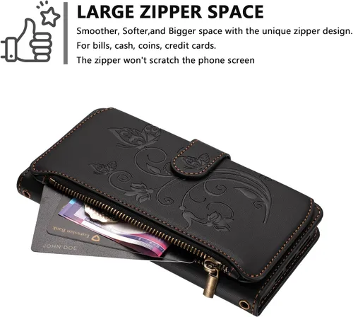 Vista 3 de Funda tipo cartera para Huawei Y9 Prime 2019, mariposa de piel sintética con cierre magnético, con soporte para 5 tarjetas, funda protectora a Negro