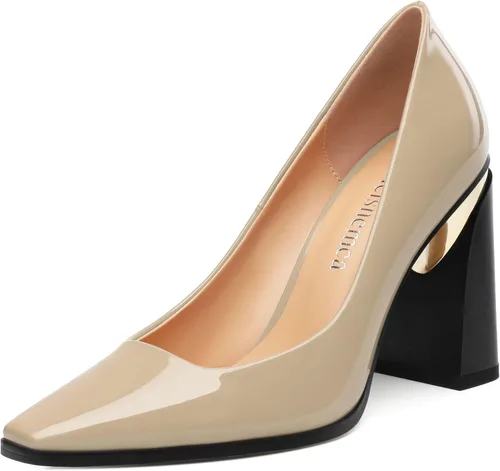 Vista 27 de Tacones altos para mujer, zapatos de vestir de tacón grueso con puntera cuadrada cerrada de patente, tacones elegantes, zapatos de vestir diarios