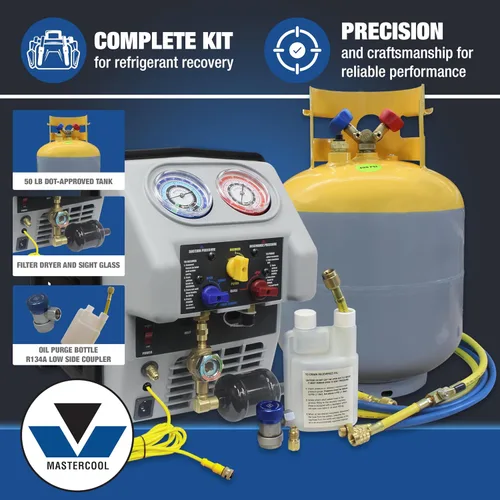 Vista 5 de Mastercool 69365 Sistema de recuperación de refrigerante Twin Turbo - Tanque DOT de 50 libras con interruptor de flotador, compresor de doble