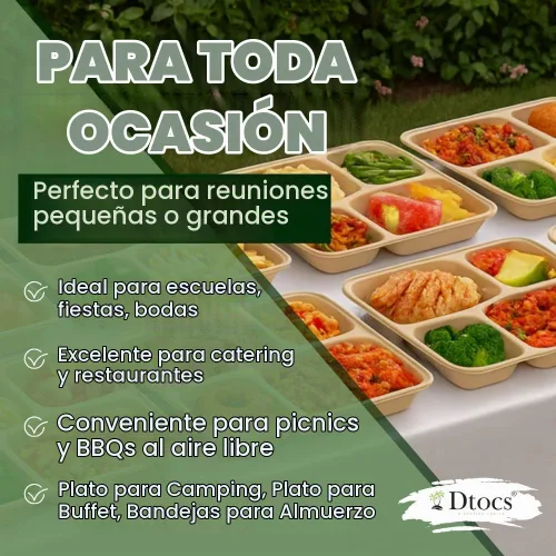 Vista 6 de Dtocs Platos de compartimento desechables (40 piezas) 4 porciones, bandejas seccionales resistentes de fibra de bambú para campamento, catering