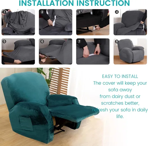 Vista 9 de MIFXIN Funda reclinable de terciopelo de 4 piezas, elástica de 1 asiento, fundas de sofá reclinable, fundas elásticas suaves para sillas Verde Oscuro