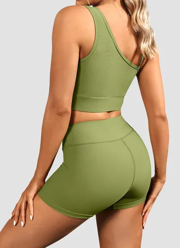 Vista 5 de Conjuntos de entrenamiento para mujer, trajes de 2 piezas, un hombro, sin costuras, brasier deportivo de cintura alta, pantalones cortos