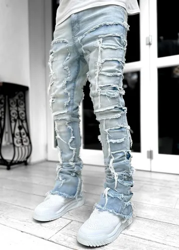 Vista 4 de LouVasabuce Pantalones de mezclilla desgastados desgastados y desgastados para hombre, corte recto, ajuste regular, pantalones de mezclilla apilados