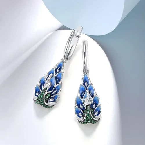 Vista 3 de Santuzza Aretes colgantes de plata de ley 925 con diseño de pavo real esmaltado para mujer