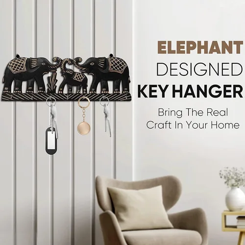 Vista 3 de Llavero de madera – Organizador decorativo para llaves de elefante montado en la pared con 6 ganchos – Estante para llaves para cocina, Ofiice