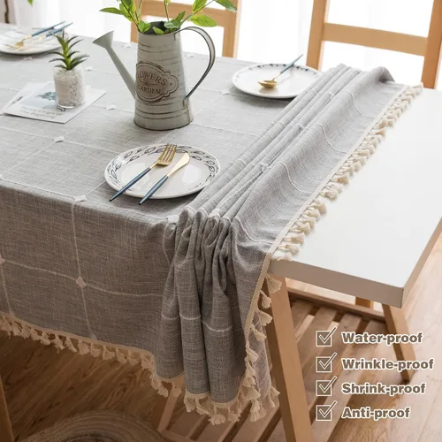 Vista 4 de Pahajim Mantel rectangular de lino rústico de algodón para cocina, comedor, con borlas, a cuadros, impermeable, rectangular, 55 x 71 pulgadas, 4-6